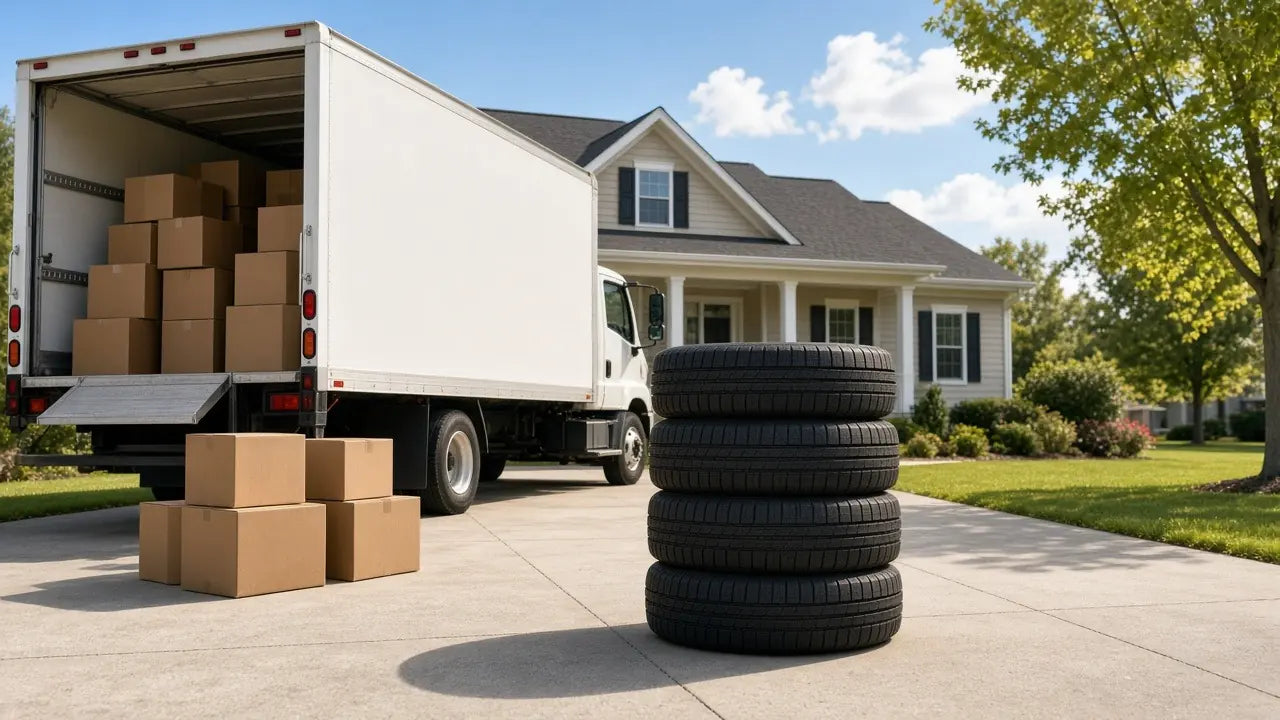 Moving truck with the rear door open parked in front of a suburban home, with a stack of four new tires and moving boxes on the driveway
