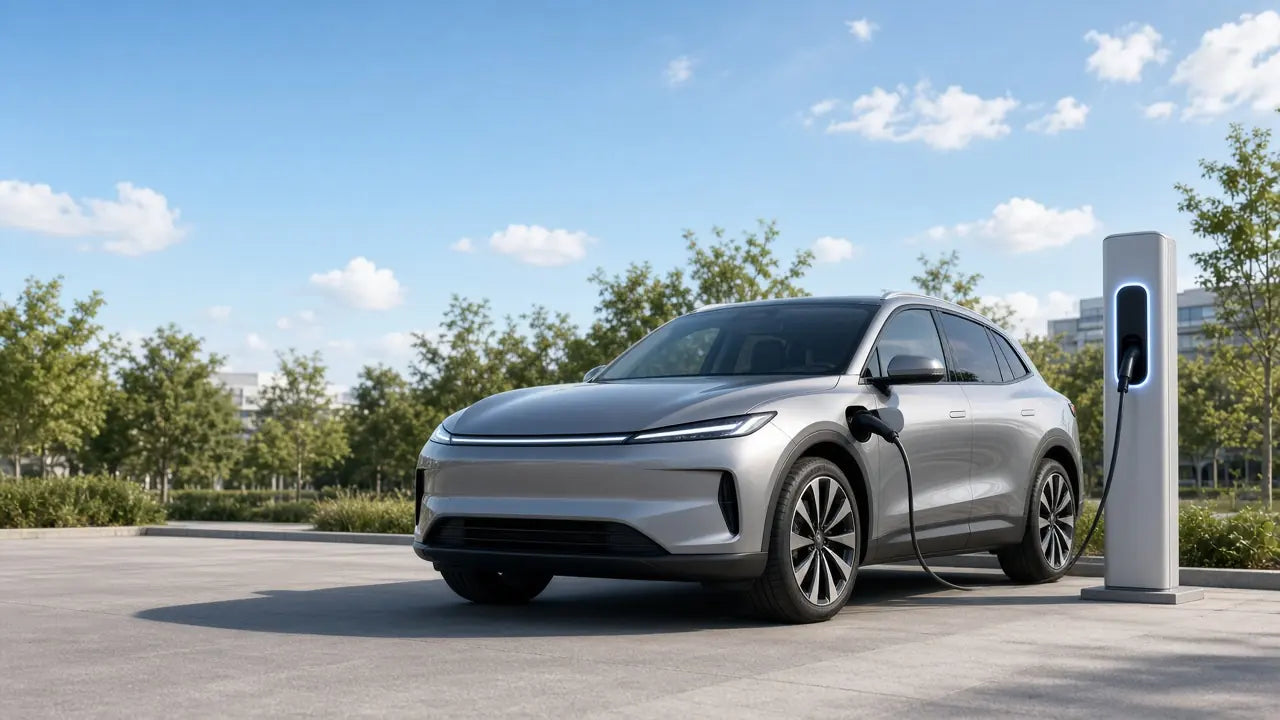 SUV eléctrico plateado conectado a una estación de carga en un día soleado, con árboles y un cielo azul de fondo