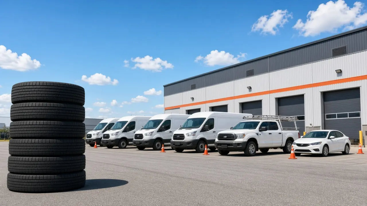 Fleet of white delivery vans, a pickup with ladder rack and a sedan parked at a warehouse depot in daylight beside a stack of new tires