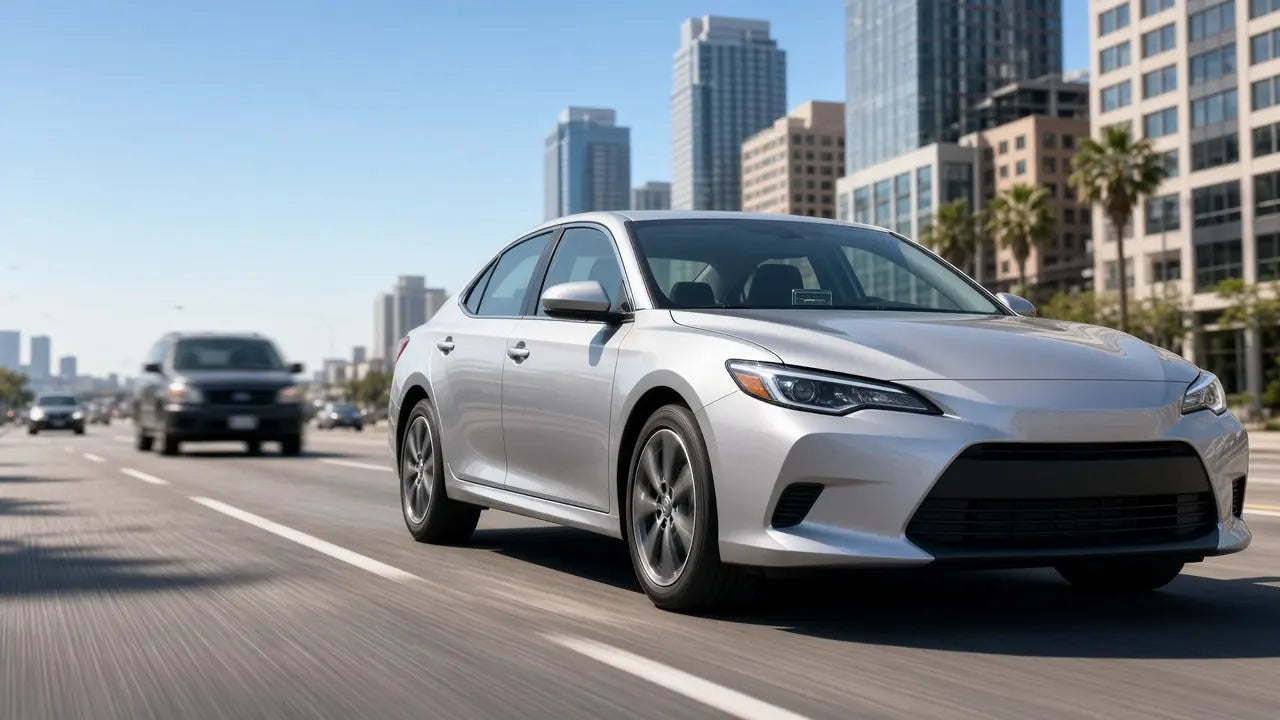 Silver sedan driving down a sunny city street with tall buildings and palm trees in the background