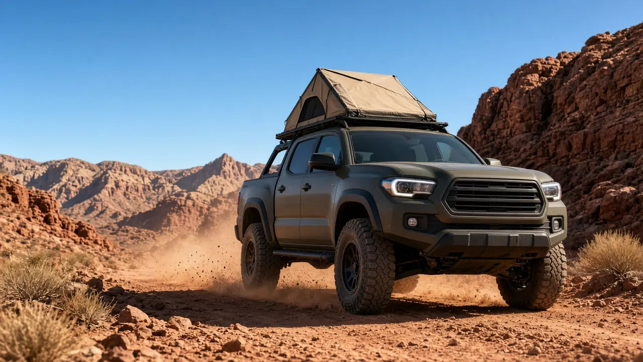 Dark green lifted pickup with a rooftop tent kicking up dust on a red-rock desert trail under a clear blue sky
